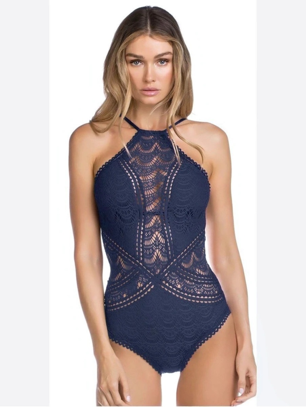 Becca Lace High Neck One-Piece Swimsuit in Blue Like New